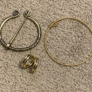 Scarf Accessory Bundle - Viking Penannular (cloak pin) + 2 Gold Tone Rings